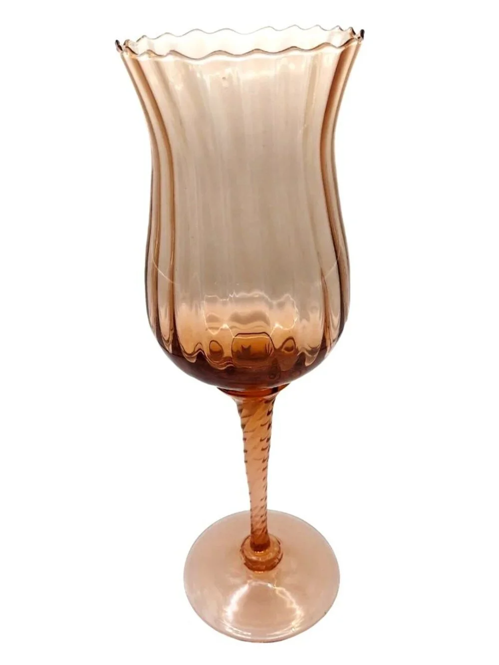 Hand Blown Glass Candle Holder Vase Pink Optic Swirl Twist Stem 12.5